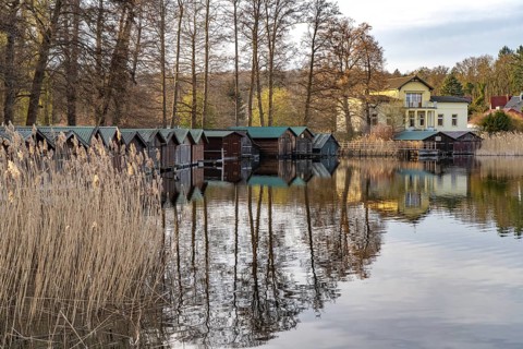 Boathouses on Feldberger Haussee, Feldberger Seenlandschaft, Mecklenburg-Vorpommern, Germany,