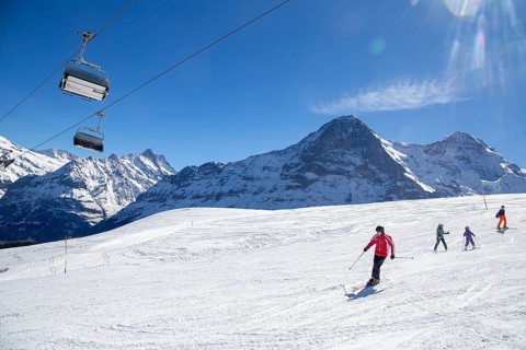 25 March 2024: Skiing against the backdrop of the north face of the Eiger in Grindelwald,