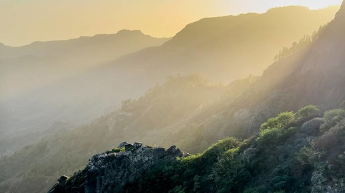 Fog and typical ravine, Barranco, La Gomera, Canary Islands, Spain, Europe