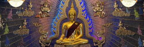 Golden Buddha statue with tunic, Bhumispara-mudra, Buddha Gautama at the moment of enlightenment,