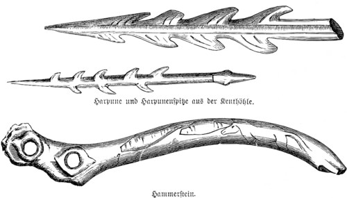 Objects from the prehistoric Kent's Cavern, the Kent Caves in Torquay, County Devon, two barbed