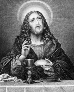 Portrait of Jesus Christ, halo, table, bread, wine, cloak, bible, historical illustration 1854