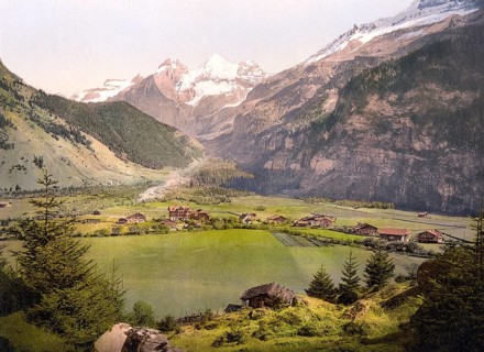 Kandersteg village and Blümlisalp mountain group, Bernese Oberland, Switzerland, Historic,