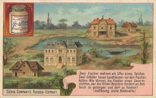 Picture series puzzle, two fishermen live on the shore of a pond, two townspeople build houses in