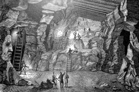 Inside a mine, mining a stick, historical, digital reproduction of an original from the 19th
