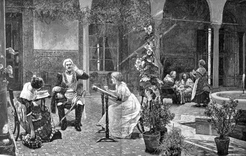 Soldier in parade uniform flirting with two woman at the same time, France, 1875, after a painting