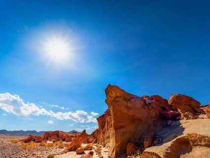 Red rock formations at the ancient petroglyphs in the Atacama Desert, Chile, South America
