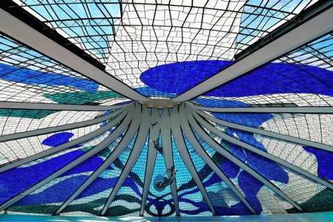 Angels hanging from the stained-glass ceiling, Roman Cathedral of Brasilia or Metropolitan