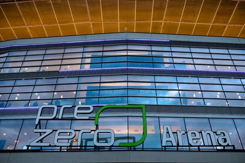 Exterior view, glass façade, logo, Europa League, PreZero Arena, Sinsheim, Baden-Württemberg,