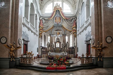 Church, baroque basilica of St. Mang, interior view, altar table, Füssen, Ostallgäu, Bavaria
