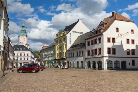 Obermarkt with view to the Nicolaikirche, Döbeln, Saxony, Germany, Europe