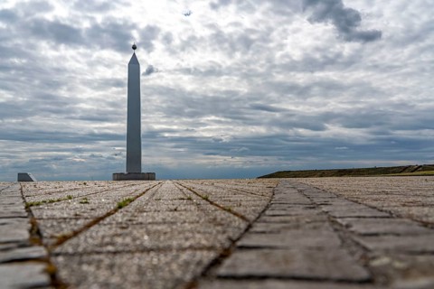 Hoheward spoil tip, the obelisk of the sundial, Herten, North Rhine-Westphalia, Germany, Europe