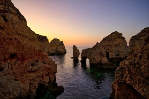Coloured cliffs and sunrise, rocks in the sea, Ponta da Piedade, Lagos, caves, cliffs, Atlantic