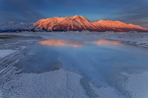 Morning light, clouds, mountains, snowy, winter, ice, Kluane Lake, Kluane Mountains, Yukon, Canada,