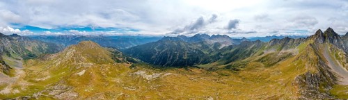 Aerial view, Alpine panorama, mountain ridge, idyllic mountain landscape with green mountain