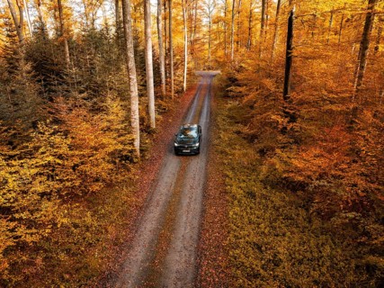 Car driving along a narrow path through a colourful autumnal forest, electric car, VW ID5,