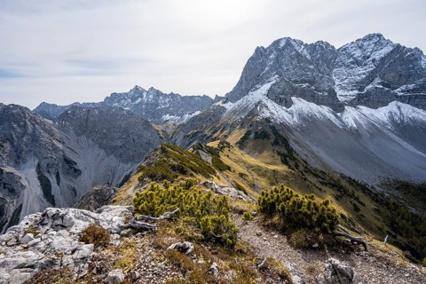 Hiking trail on the ridge of the Hahnkampl, mountain panorama with steep rocky peaks, view of