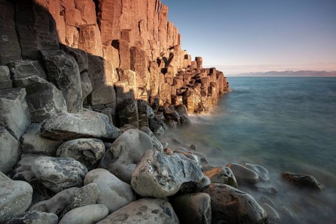 Basalt columns, columnar basalt, coast, long exposure, Hofsos or Hofsós, Skagafjörður, Norðurland,