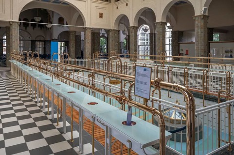Historic medicinal water taps in the fountain hall, inaugurated in 1842, replaced by a new building