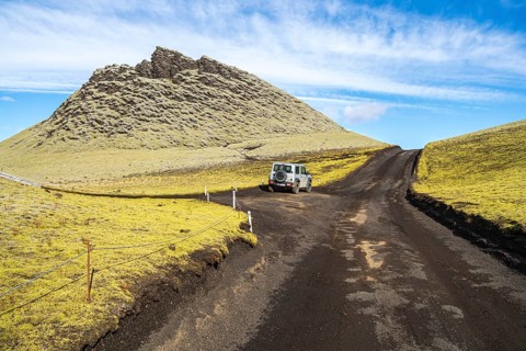 Single crater of the Laki crater row, 4x4 car on road F206, Iceland, Europe