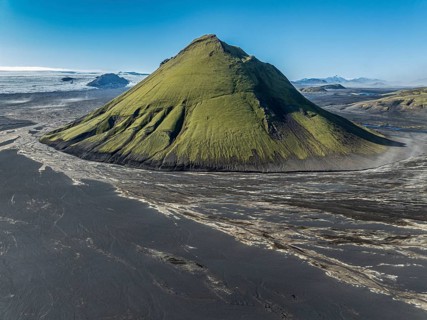 Aerial view, Mælifell mountain covered with moss, Maelifell, black sand desert Mælifellssandur,