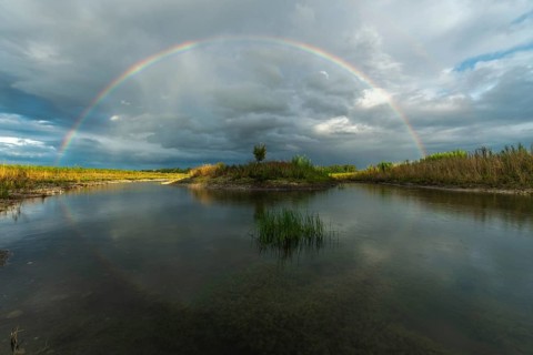 Large double rainbow after a spring storm. Bas-Rhin, Alsace, Grand Est, France, Europe