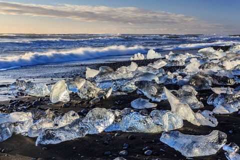 Ice floes on the beach, waves, sea, sunny, morning light, winter, Diamond Beach,