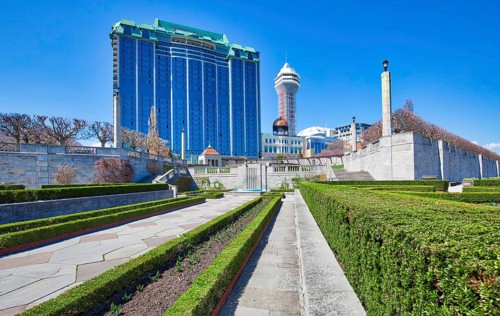 Niagara city downtown and hotel zone facing scenic Niagara waterfalls