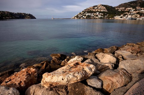 View from promenade to harbour Port d'Andratx, Majorca, Morning light, Balearic Islands, Balearic