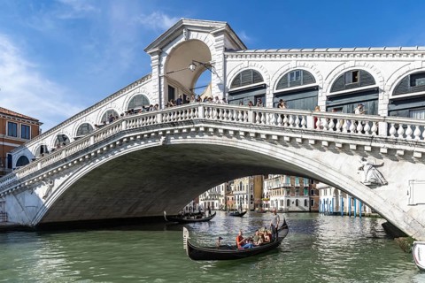 Venetian gondola with gondolier travelling on the Grand Canal, Rialto Bridge, Venice, Venice,