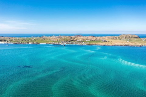 Aerial view, strait between Fionnphort and Iona island, ferry to Iona Abbey, Scotland, UK
