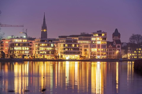 Lake Phoenix at dusk in Dortmund, North Rhine-Westphalia, Germany, Europe