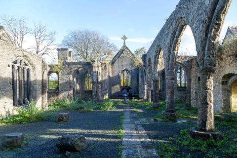 Ruins of Holy Trinity church, Buckfastleigh, north Devon, England, UK destroyed by fire in 1992