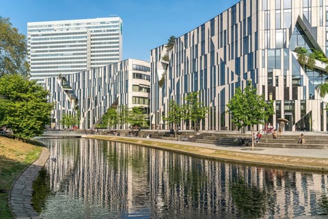 Modern architecture of the Kö-Bogen and Dreischeibenhaus building complex, state capital