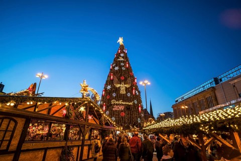 The largest Christmas tree at the Dortmund Christmas market at dusk, Dortmund, North