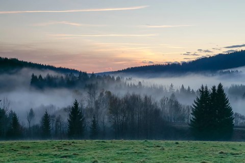 Autumnal evening mood with fog in the valley and in the forests of the Bavarian Forest National