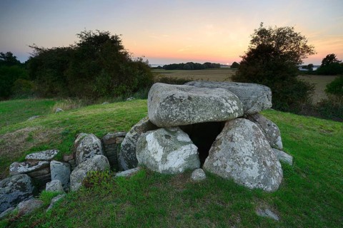 The Sprove dolmen at sunset, Sprove, Møn Island, Denmark, Europe