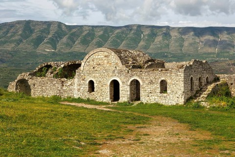Ruined building in the citadel area of Berat castle, UNESCO World Heritage Site, Berat, Albania,