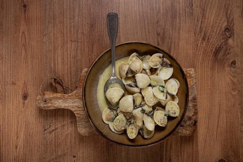 Vongole clams, in cream sauce, homemade, top view, no people