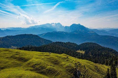 Drone shot, At the summit of the Taborberg with a view of the Dachstein massif, Osterhorn group,