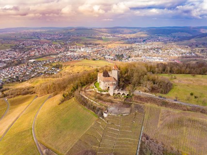 An impressive view of the castle and the surrounding fields, surrounded by a village and hills,