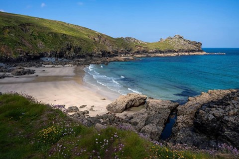 Coastal landscape. View of Treen Cove with its sandy beach and the headland of Gurnard's Head. In