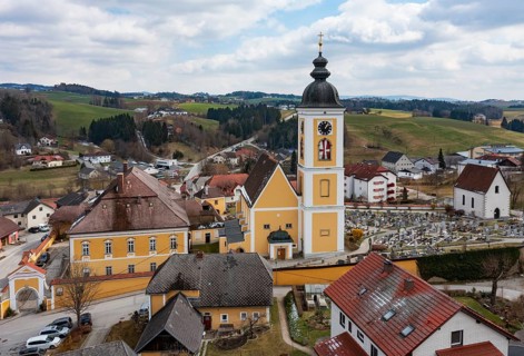 Drone shot, local view, parish church, Niederwaldkirchen, Mühlviertel, Upper Austria, Austria,