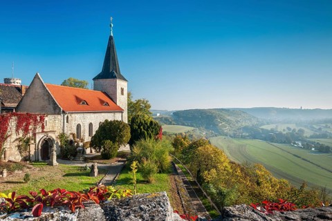 Zscheiplitz monastery church in autumn, view of the Unstrut valley, Freyburg (Unstrut),