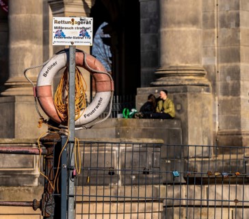 Berlin fire brigade lifebuoy on the Spree, Bode Museum, Berlin