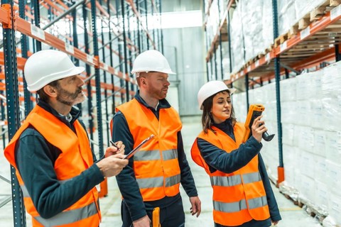 Warehouse workers utilizing barcode scanners and diligently taking notes during logistics