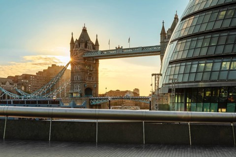 Tower Bridge and City Hall at sunrise, Southwark, London, England, Great Britain