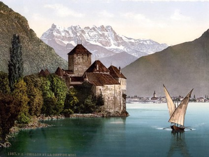 A lateen-sail barque on Lake Geneva near the Château de Chillon and with the Dents du Midi in the