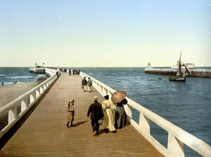 Harbour entrance in Ostend, Belgium, ca 1895, Historical, digitally restored reproduction from a
