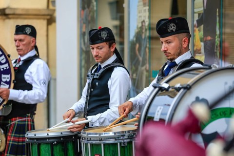 Snear drum player, bagpipe orchestra, pipe concert, Sigmaringen, Baden-Württemberg, Germany, Europe